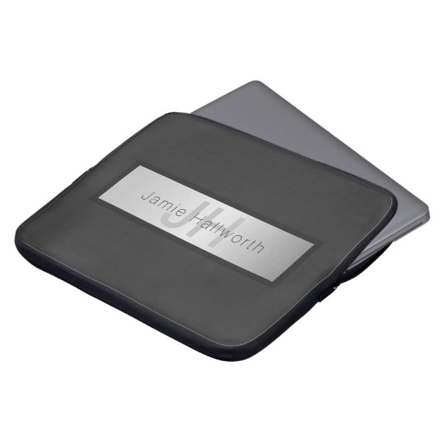 Your Name & Monogram | Greys & Faux Silver Look Laptop Sleeve (Front Top)