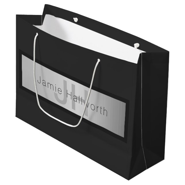 Your Name & Monogram | Greys & Faux Silver Look Large Gift Bag (Front Angled)