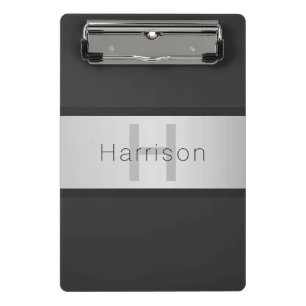 Your Name & Monogram Greys & Faux Silver Look Mini Clipboard