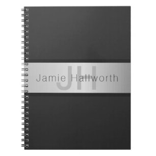 Your Name & Monogram   Greys & Faux Silver Look Notebook