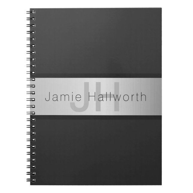 Your Name & Monogram | Greys & Faux Silver Look Notebook (Front)