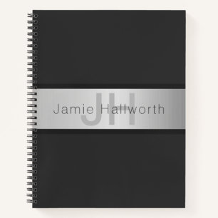 Your Name & Monogram   Greys & Faux Silver Look Notebook