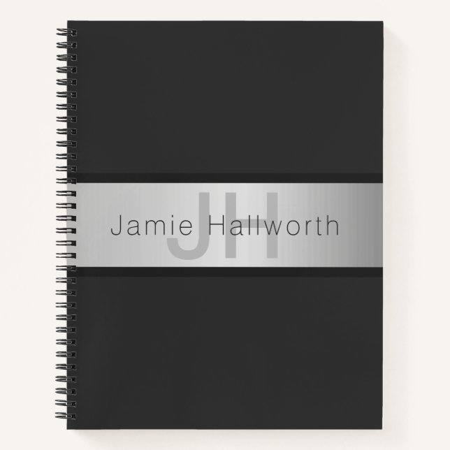 Your Name & Monogram | Greys & Faux Silver Look Notebook (Front)