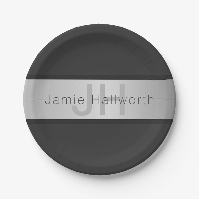 Your Name & Monogram | Greys & Faux Silver Look Paper Plate (Front)