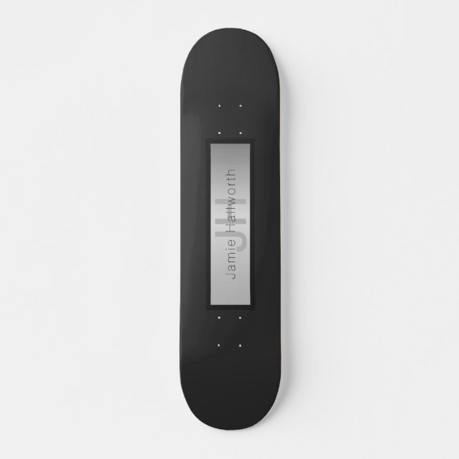 Your Name & Monogram | Greys & Faux Silver Look Skateboard (Front)