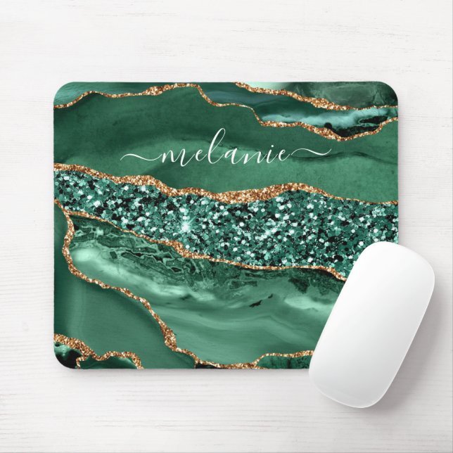 Your Name Mouse Pad Gift Agate Green Gold Glitter (With Mouse)