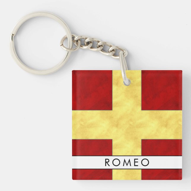 Your Name + Nautical Signal Flag R Romeo Key Ring (Front)