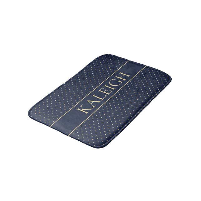 Your Name Navy Blue Gold Polka Dots Bath Mat (Angled)