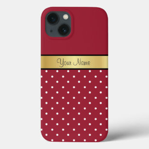 Your Name On Gold, Elegant Spicy Red & White Dots iPhone 13 Case