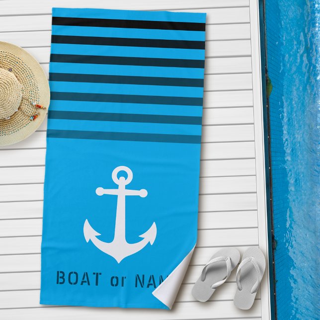 Your Name or Boat Name Nautical Anchor Striped Beach Towel (Creator Uploaded)