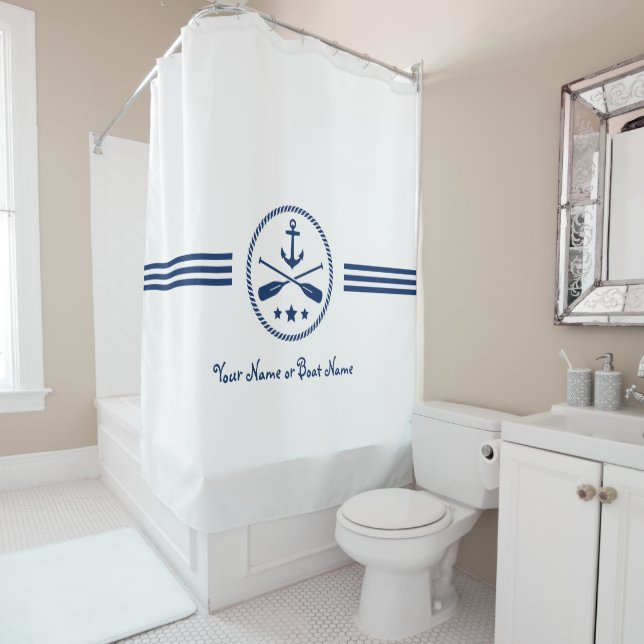 Your Name or Boat Nautical Anchor & Crossed Oars Shower Curtain (In Situ)