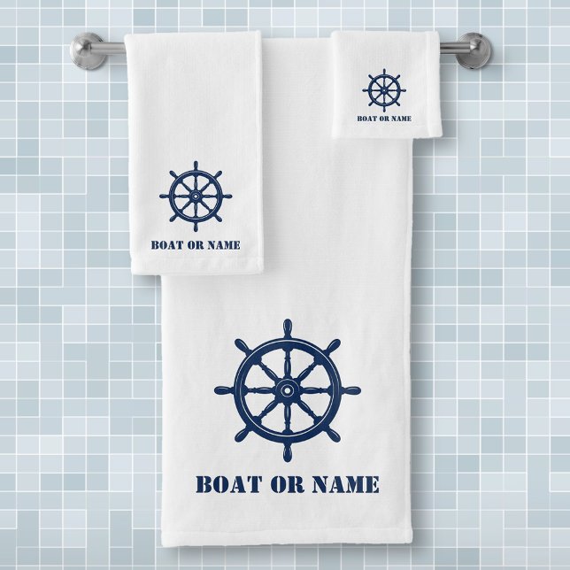 Your Name or Boat Nautical Ships Wheel Helm Bath Towel Set (Creator Uploaded)
