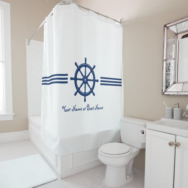 Your Name or Boat Nautical Ships Wheel Helm Shower Curtain (In Situ)