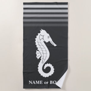 Your Name or Boat Seahorse Ship Gray White Stripe Beach Towel