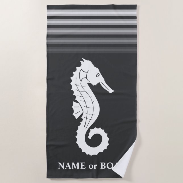 Your Name or Boat Seahorse Ship Gray White Stripe Beach Towel (Front)