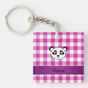 Your name panda bear head pink gingham checkers key ring