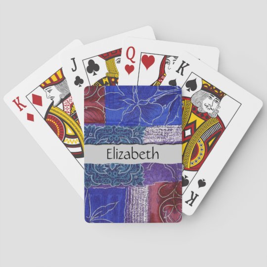 Your Name - Patchwork, Flowers, Swirls - Blue Red Playing Cards