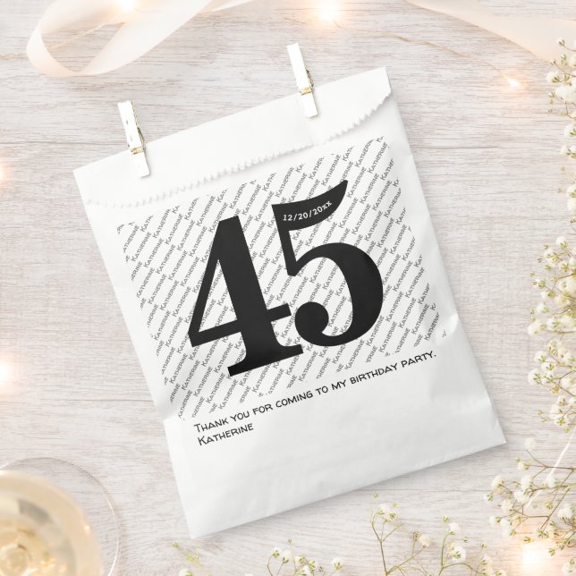 Your Name Pattern Bold Black Age 45 Number Date Favour Bags (Clipped)