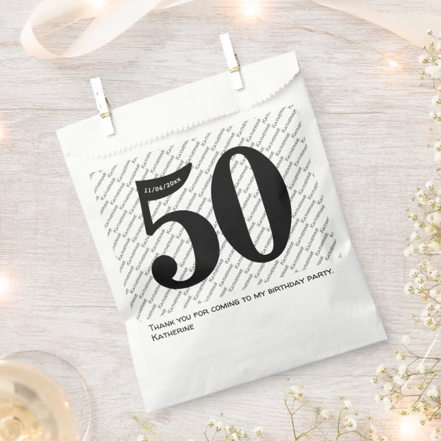 Your Name Pattern Bold Black Age 50 Number Date Favour Bags (Clipped)