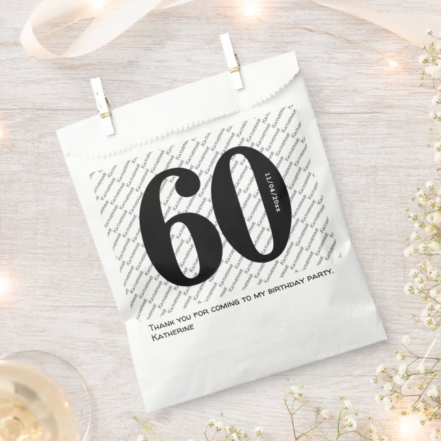 Your Name Pattern Bold Black Age 60 Number Date Favour Bags (Clipped)