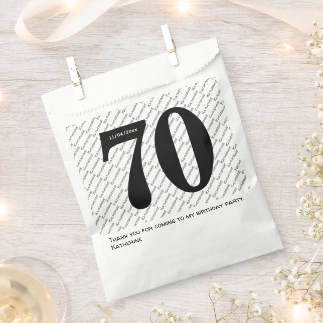Your Name Pattern Bold Black Age 70 Number Date Favour Bags (Clipped)