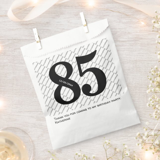 Your Name Pattern Bold Black Age 85 Number Date Favour Bags (Clipped)