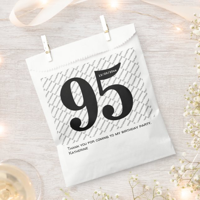 Your Name Pattern Bold Black Age 95 Number Date Favour Bags (Clipped)