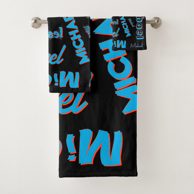 Your name pattern monogram blue red black colour bath towel set (Insitu)