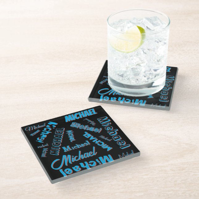 Your name pattern monogram blue red black colour glass coaster (Angled)
