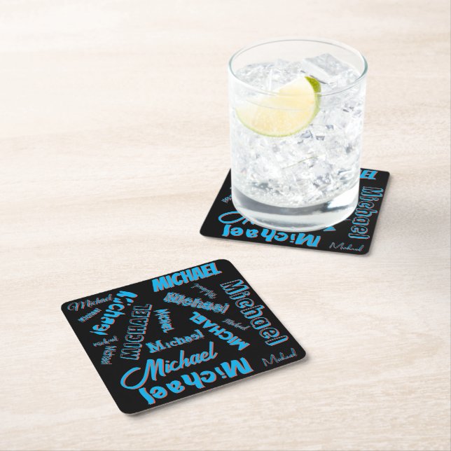 Your name pattern monogram blue red black colour square paper coaster (Insitu)