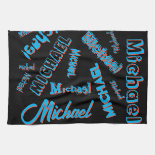 Your name pattern monogram blue red black colour tea towel