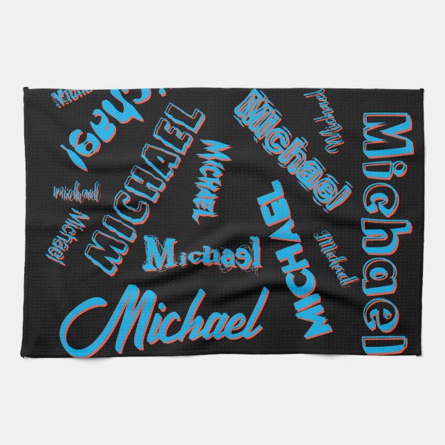 Your name pattern monogram blue red black colour tea towel (Horizontal)