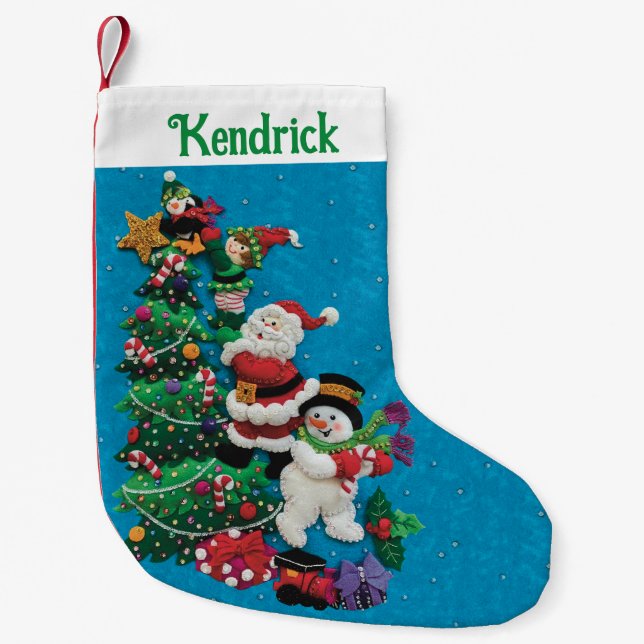 Your Name Personalise Fun Santa Snowman Blue Green Small Christmas Stocking (Front)