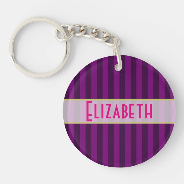 Your Name Personalised on a Purple Striped Pattern Key Ring (Front)