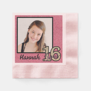 Your Name & Photo Sweet 16 with Pink Glitter Napkin