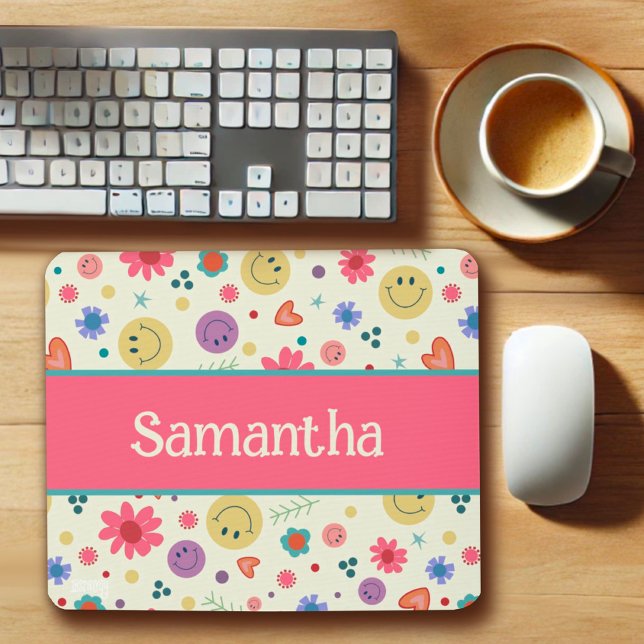 Your Name Pink Colourful Hearts Smiles Inspirivity Mouse Mat (Creator Uploaded)