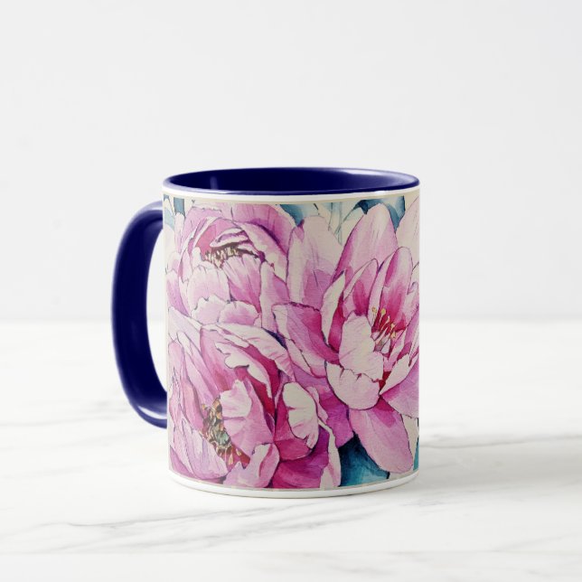 Your Name Pink Peonies Watercolor Flower Mug (Front Left)