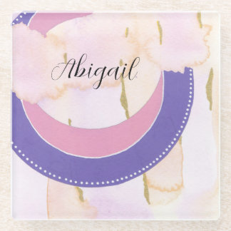 Your name, pretty pink watercolor abstract, glass coaster