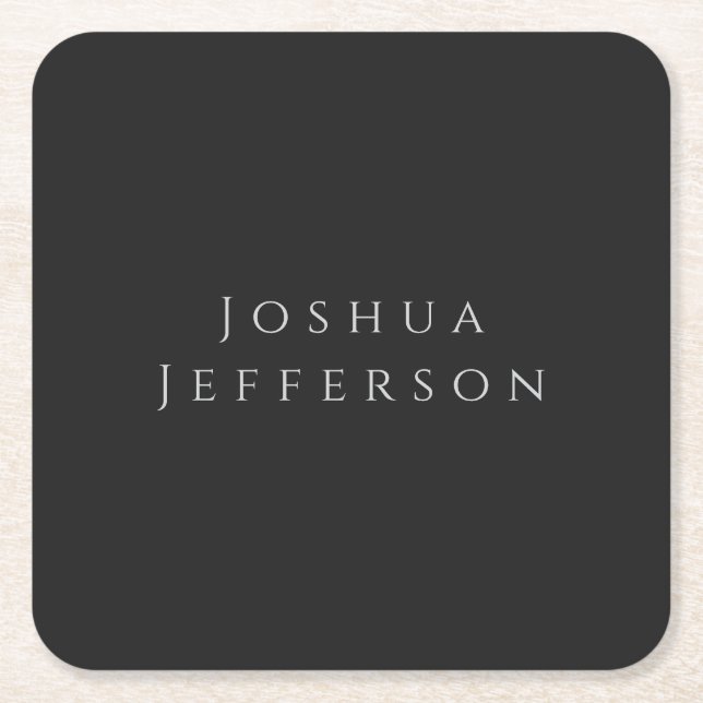 Your Name Professional Creative Plain Black Grey Square Paper Coaster (Front)