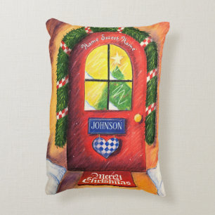Your Name Red Merry Christmas Front Door Customise Decorative Cushion