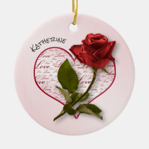 Your Name   Red Rose & Stem Floral Photography Ceramic Tree Decoration