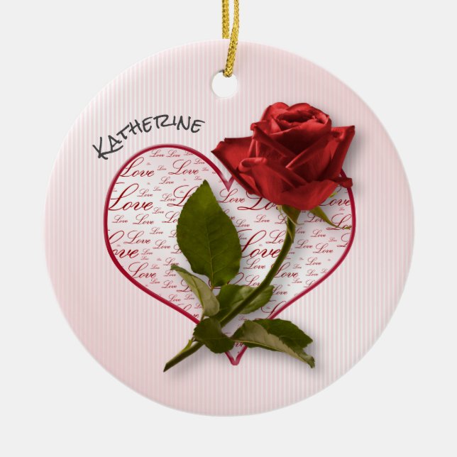 Your Name | Red Rose & Stem Floral Photography Ceramic Tree Decoration (Front)
