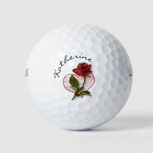 Your Name Red Rose & Stem Floral Photography Golf Balls