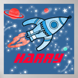 Your name rocket space boys blue red poster