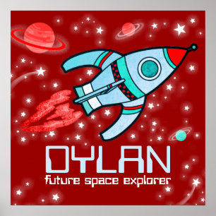 Your name rocket space boys red poster