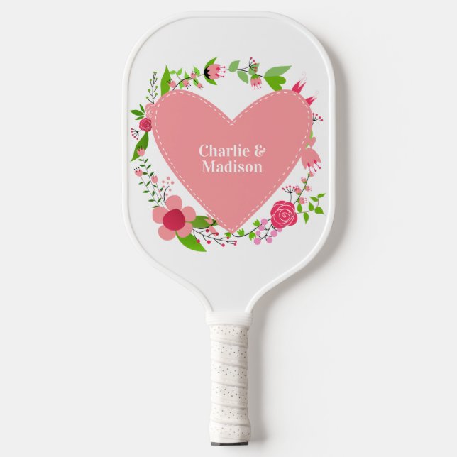 Your Name(s) in a Flowery Heart Pickleball Paddle (Front)