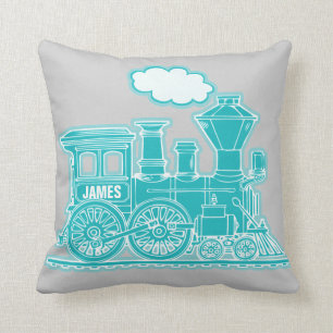 Your name steam train loco aqua grey throw pillow