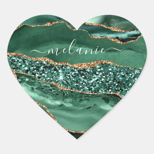 Your Name Sticker Agate Green Gold Glitter Marble (Front)