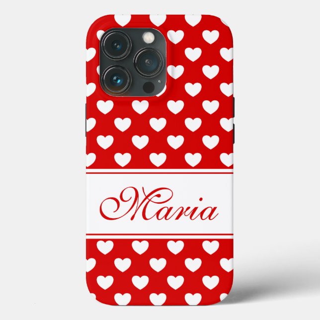 Your Name, Stylish Red and White Hearts Pattern Case-Mate iPhone Case (Back)
