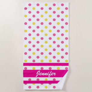 Your Name - Summer Blue and Yellow Polka Dots Beach Towel